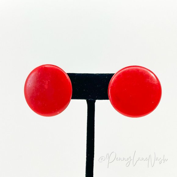 Vintage Clip On Large Red Button Earrings - Picture 1 of 7
